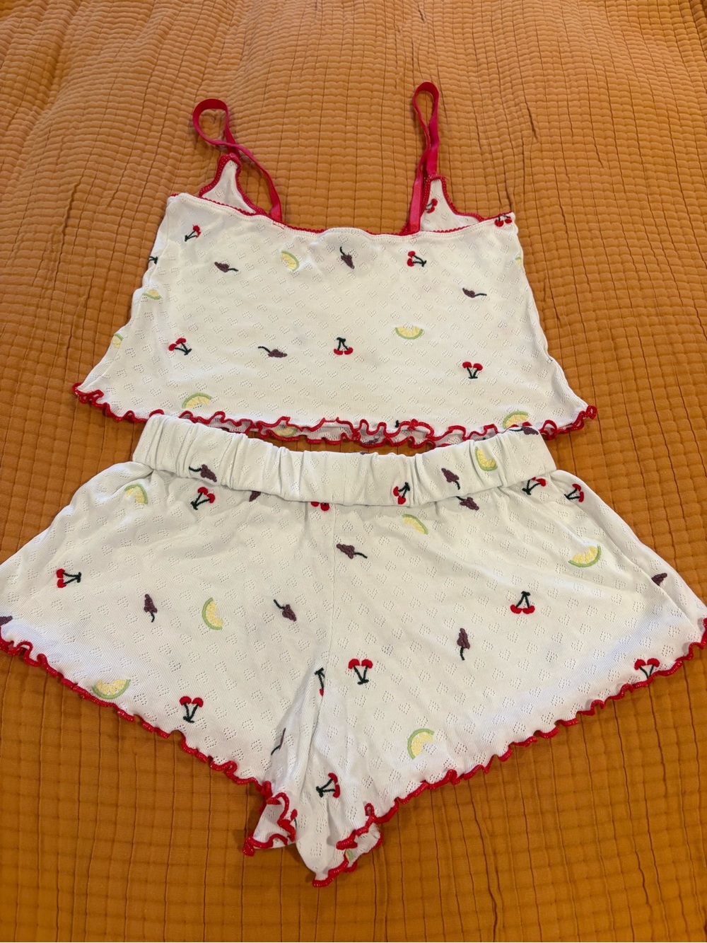 Urban Outfitters White Knit Fruit-Print Pajama Camisole with Red Detail - Picture 2 of 6